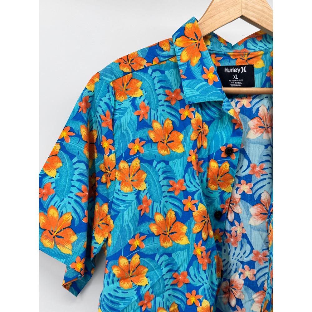 Hurley Button Down Shirt BOYS XL 13 15yrs Blue Orange Tropical Floral Short